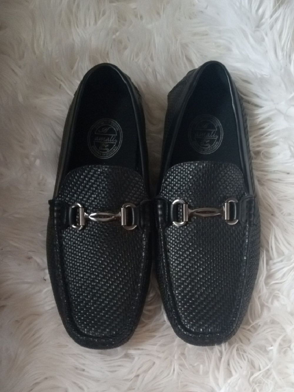 Amali Black Woven Leather Slip-On Loafers with Silver Hardware